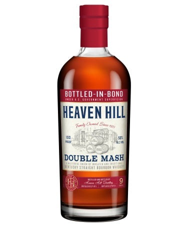A bottle of Heaven Hill Double Mash Bourbon Whiskey, 9% alcohol by volume, featuring amber-brown liquid, a red cap, and a white and red label with blue text.