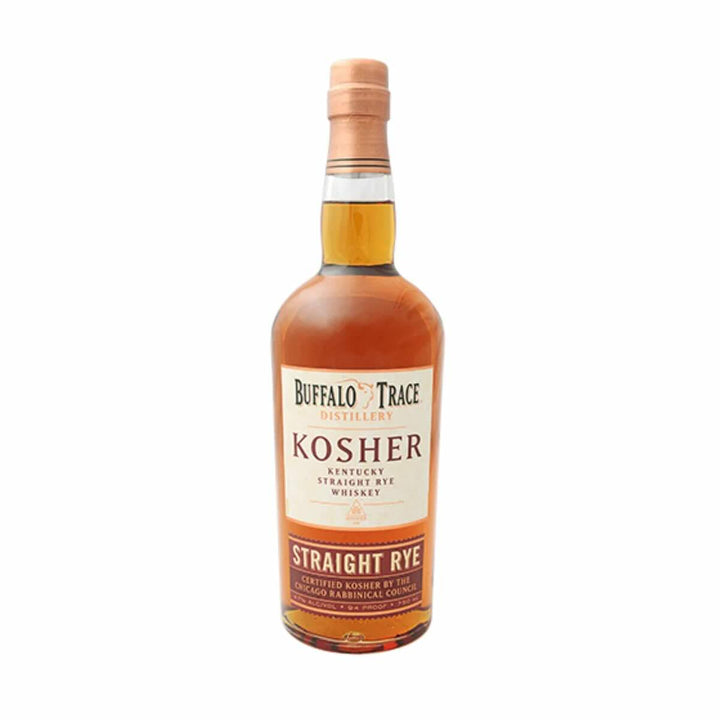 A bottle of Buffalo Trace Kosher Straight Rye Whiskey on a plain white background.