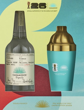Casamigos tequila bottle and FIFA World Cup 2022 shaker on a colorful background