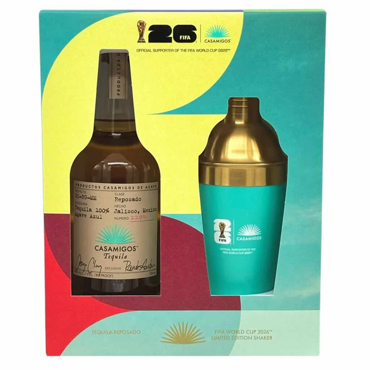 Casamigos tequila bottle and shaker in a colorful box with FIFA World Cup 2022 branding.