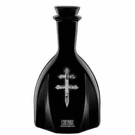 A glossy black glass bottle with a stopper neck and a silver Orthodox cross emblem on the front, set against a plain white background.