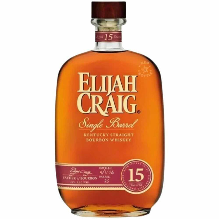 Bottle of Elijah Craig 15-year-old bourbon whiskey on a white background